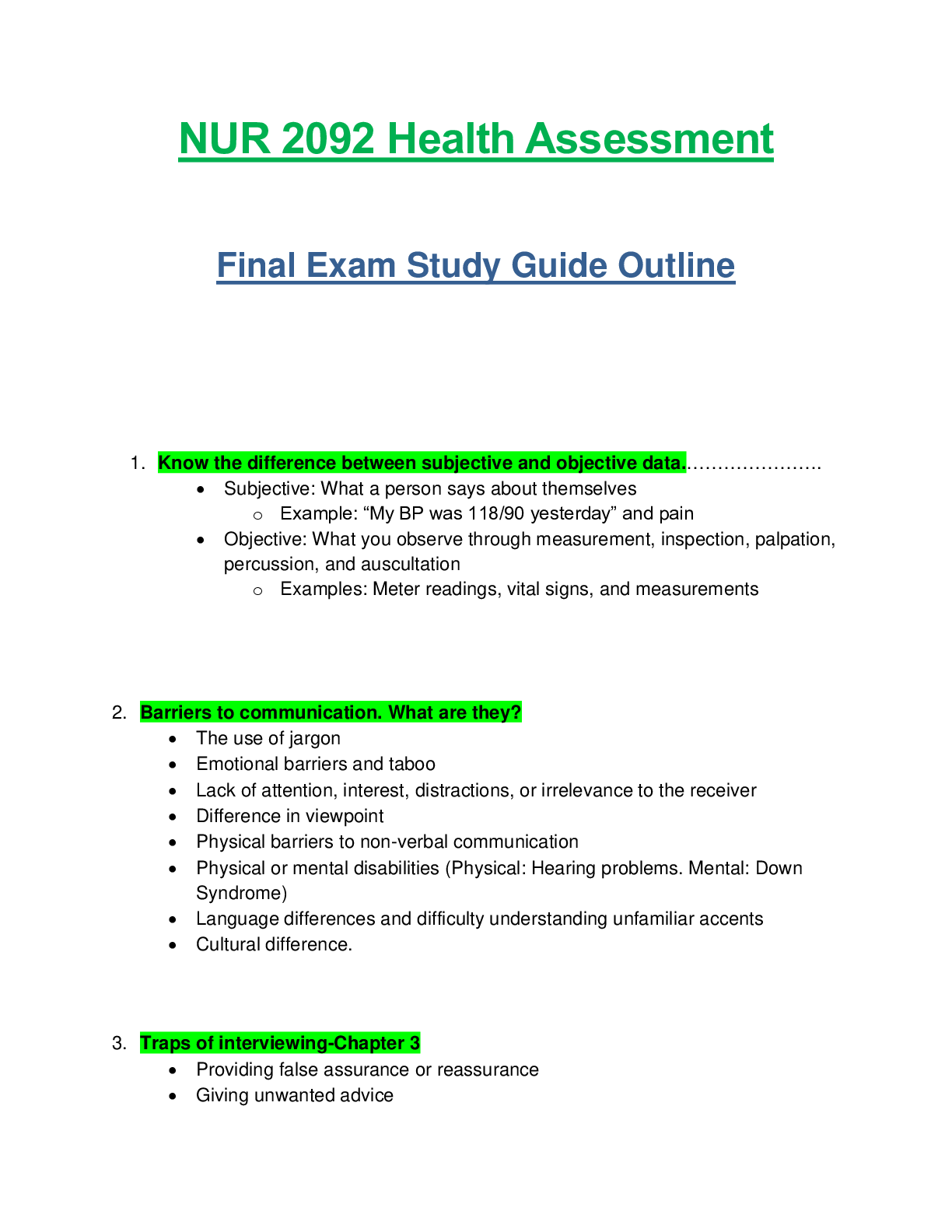 Preview of NUR 2092 / NUR2092: Health Assessment Final Exam Study Guide Outline (Latest Update) Rasmussen